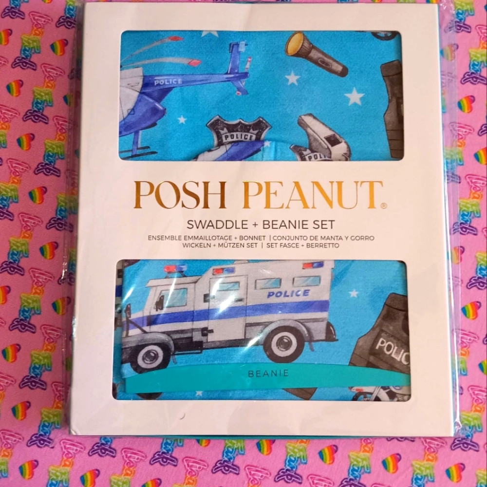 NIB POSH PEANUT LAW ENFORCEMENT SWADDLE AND BEANIE SET